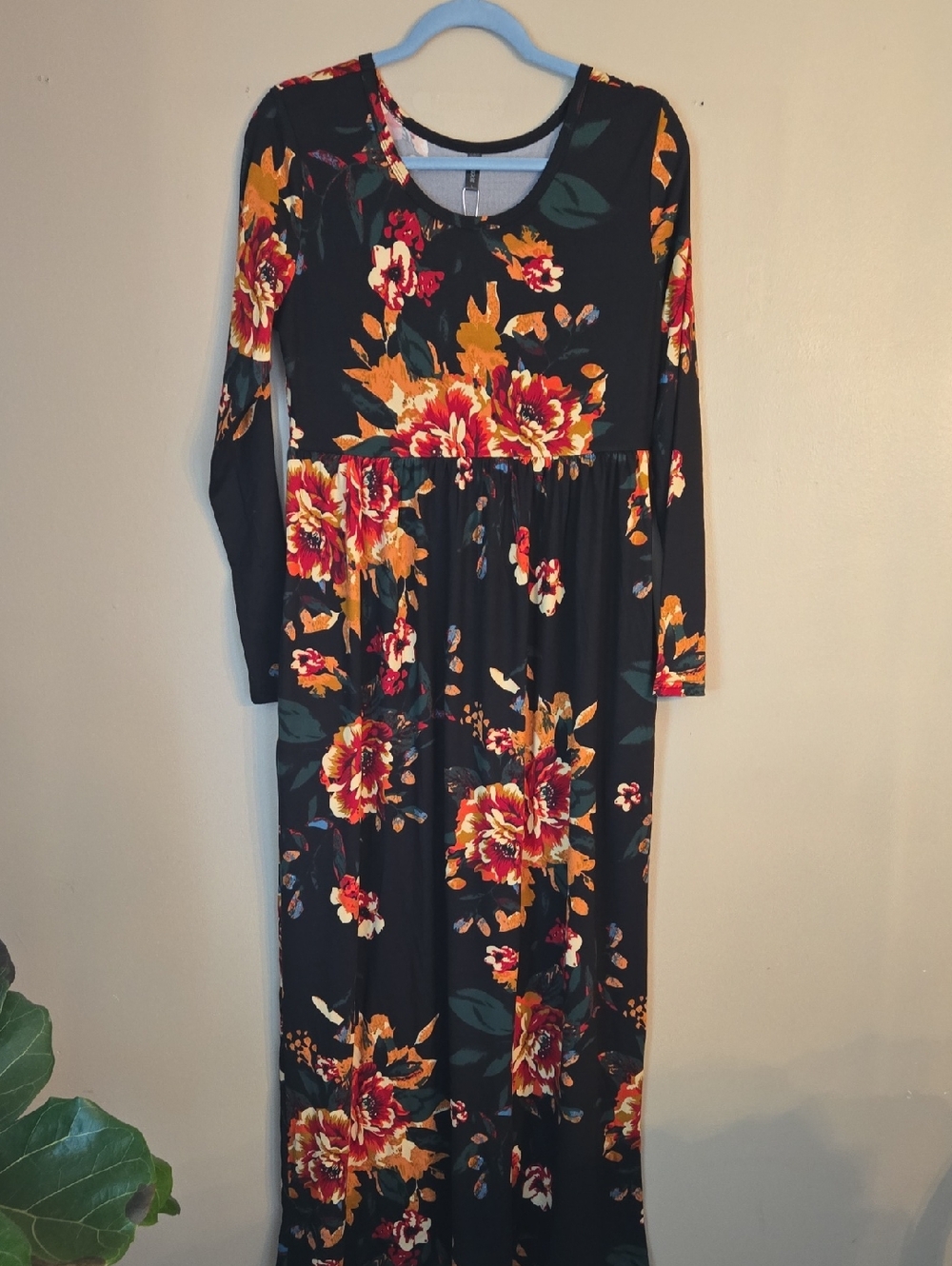 Women's Black Maxi Dress with Yellow & Red Floral Print